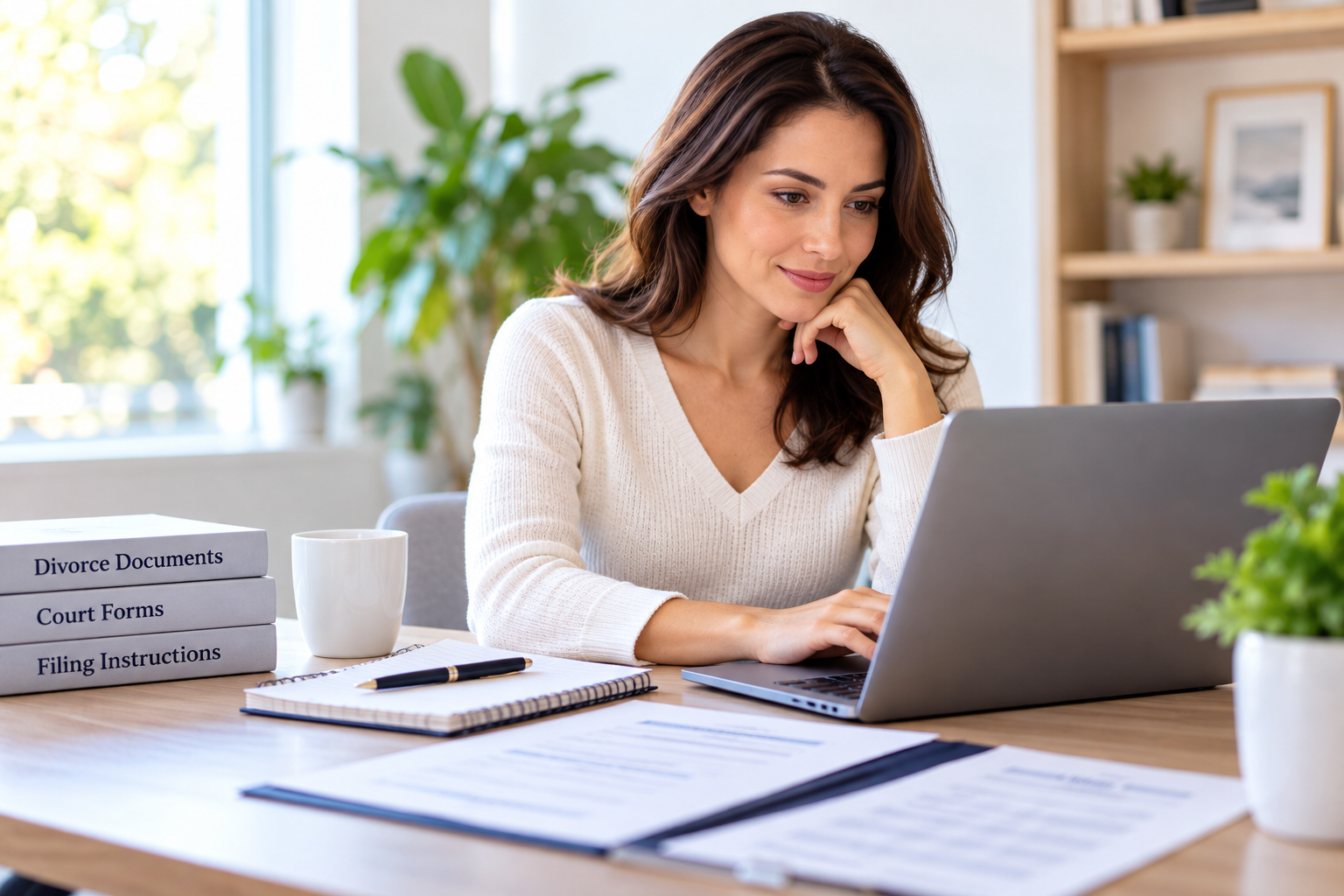 Woman reviewing divorce paperwork from home